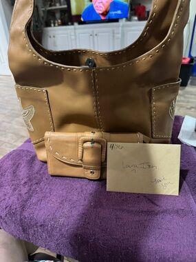 Hype Tan Leather Shoulder Hobo Bag with Wrapped Handle and matching wallet